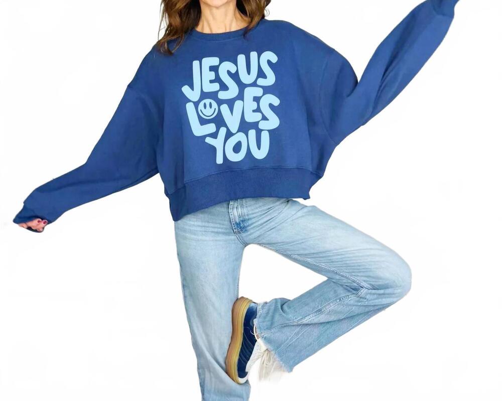 NEW POPPY & PINE smiley jesus loves you puff crop sweatshirt in navy